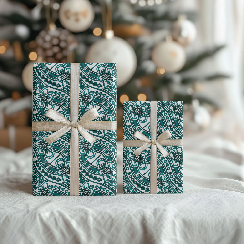 Hibiscus Bloom Island Tribal Waves Wrapping Paper Teal Polynesian Pattern