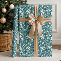 Hibiscus Bloom Island Tribal Waves Wrapping Paper Teal Polynesian Pattern