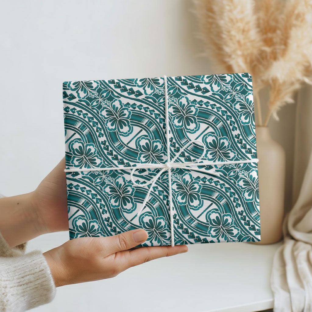 Hibiscus Bloom Island Tribal Waves Wrapping Paper Teal Polynesian Pattern