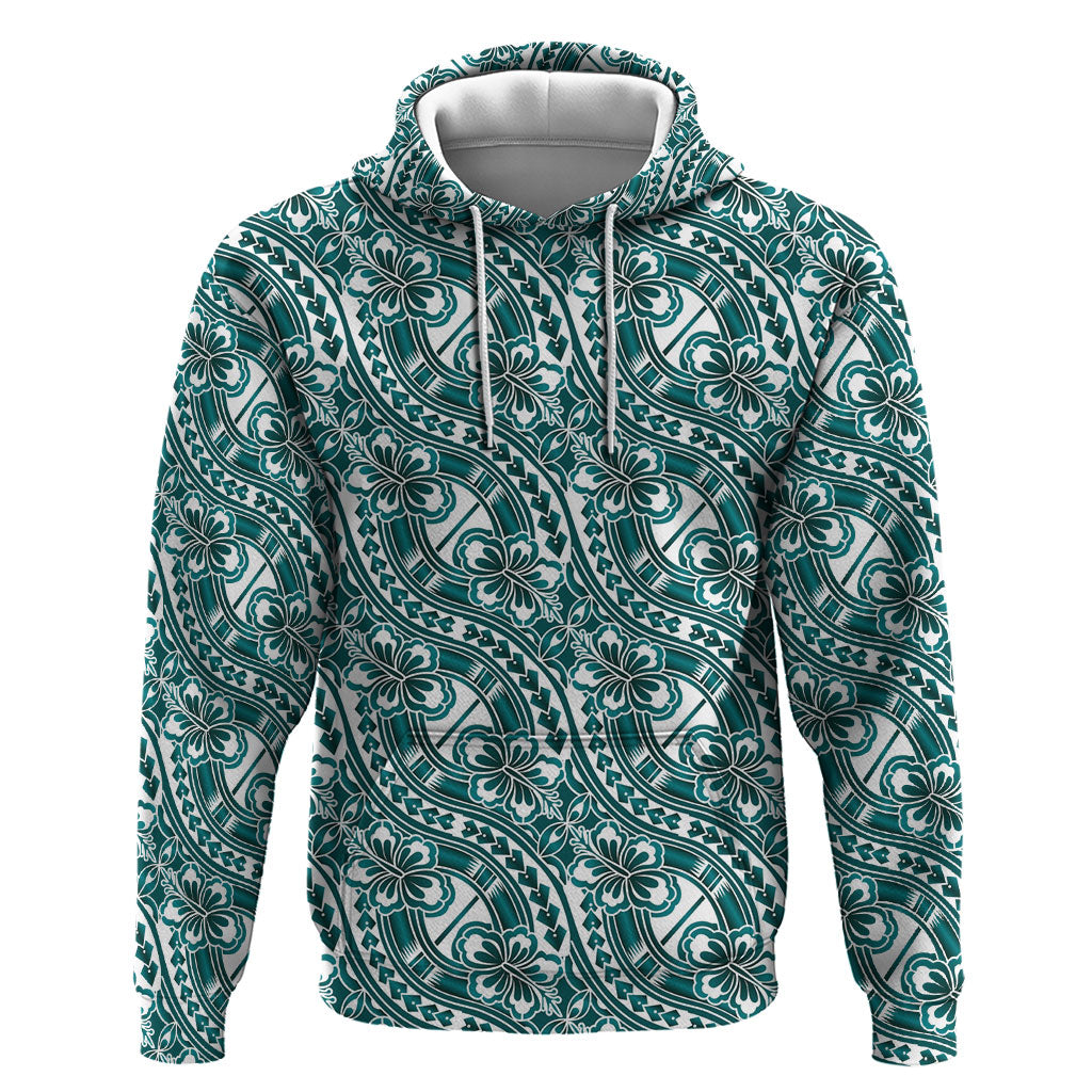 Hibiscus Bloom Island Tribal Waves Zip Hoodie Teal Polynesian Pattern LT01 Pullover Hoodie Teal - Polynesian Pride