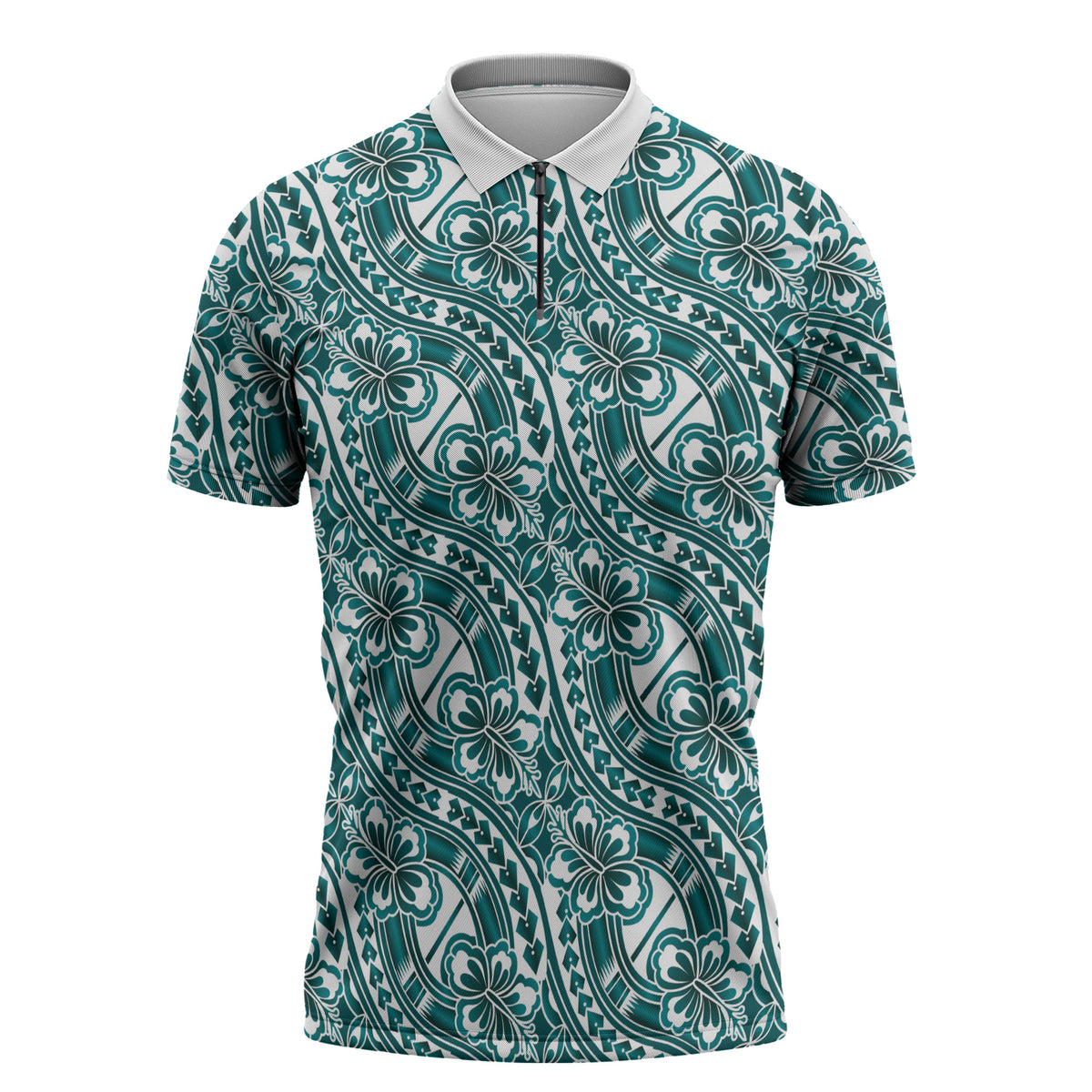 Hibiscus Bloom Island Tribal Waves Zipper Polo Shirt Teal Polynesian Pattern
