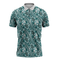 Hibiscus Bloom Island Tribal Waves Zipper Polo Shirt Teal Polynesian Pattern