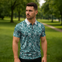 Hibiscus Bloom Island Tribal Waves Zipper Polo Shirt Teal Polynesian Pattern