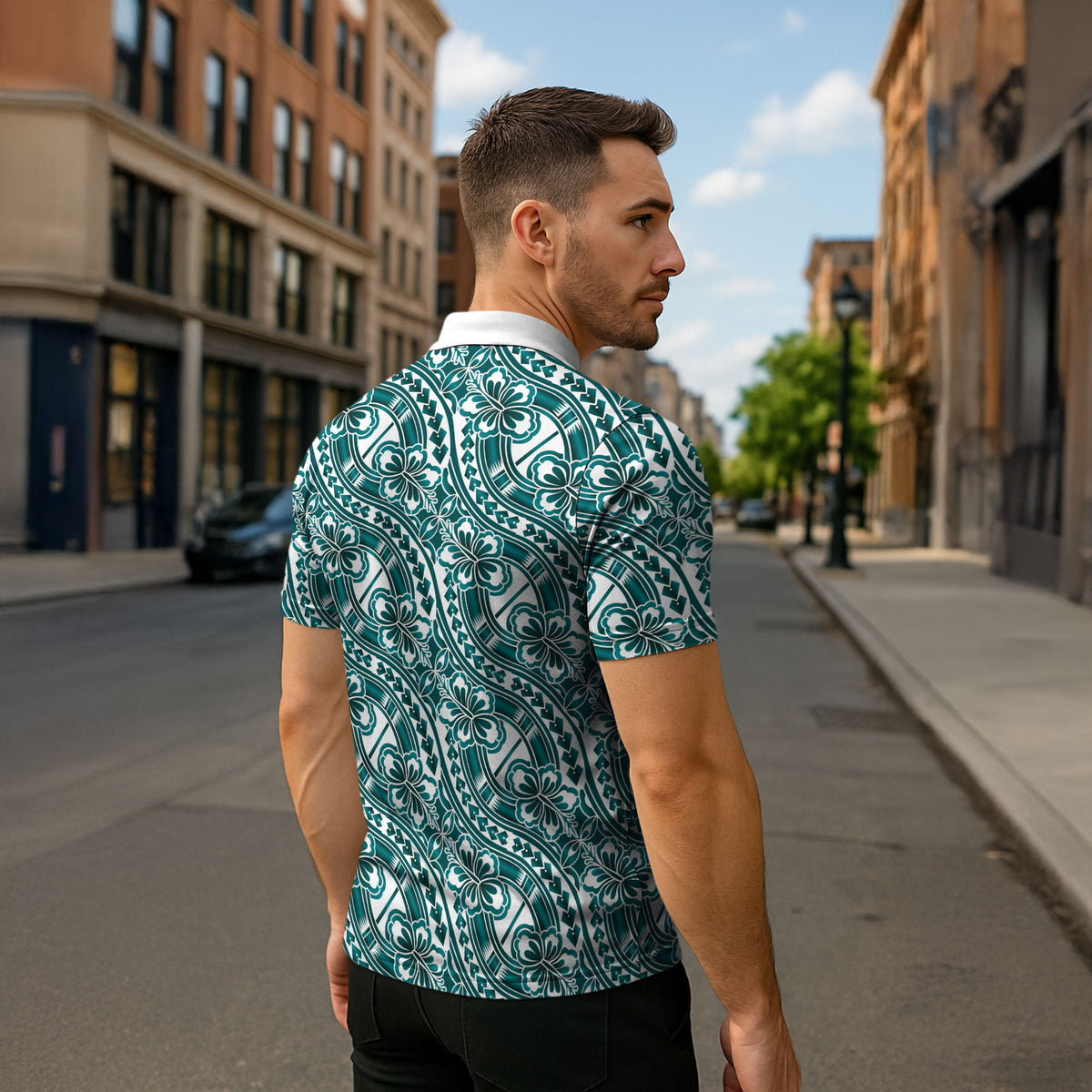 Hibiscus Bloom Island Tribal Waves Zipper Polo Shirt Teal Polynesian Pattern