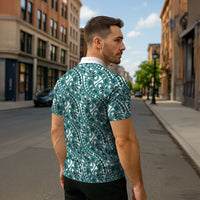 Hibiscus Bloom Island Tribal Waves Zipper Polo Shirt Teal Polynesian Pattern