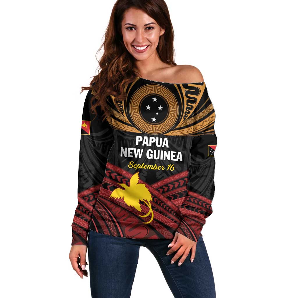 Papua New Guinea Bird of Paradise Off Shoulder Sweater 16 September 1975 Independence Day Anniversary LT01 Women Black - Polynesian Pride