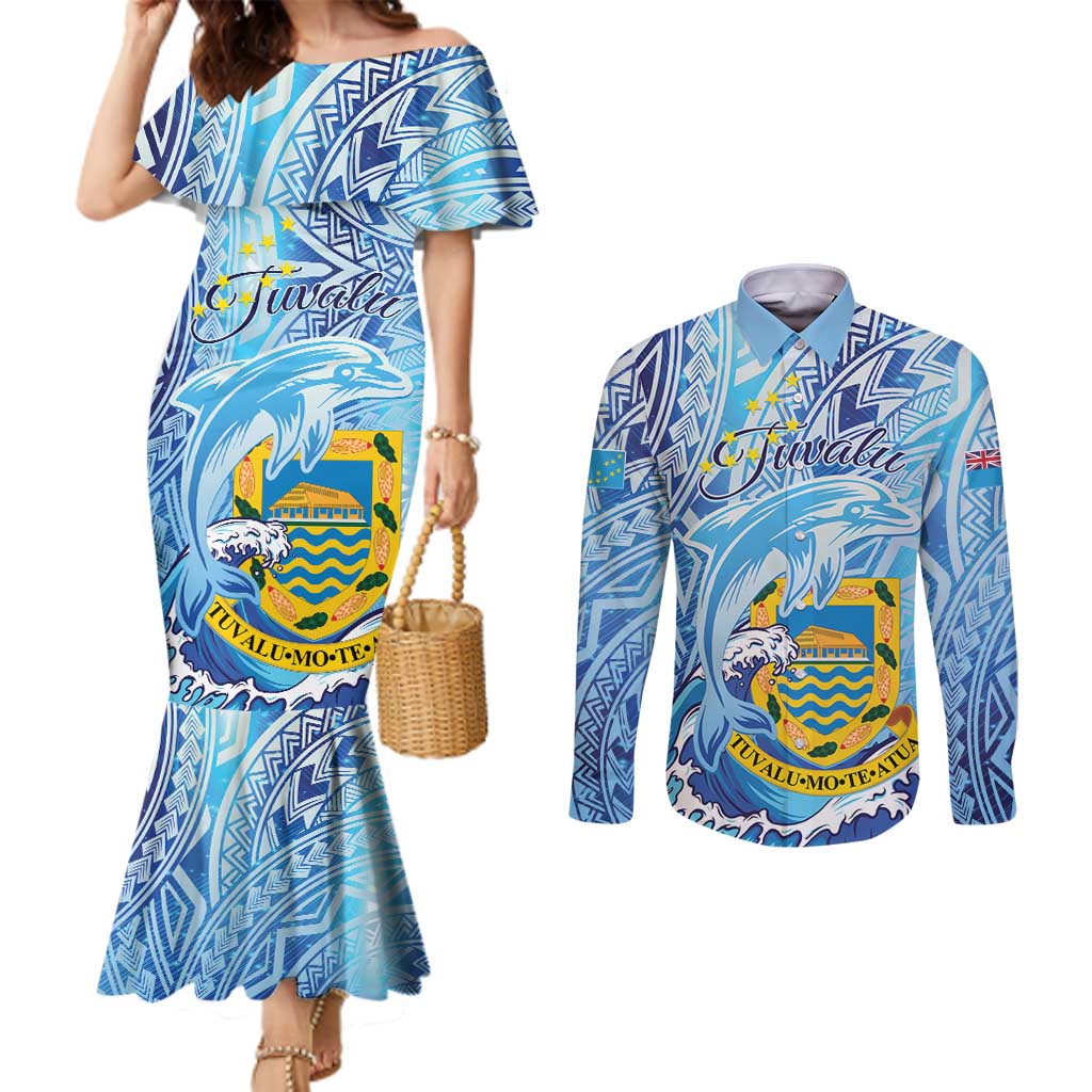 Tuvalu mo te Atua Couples Matching Mermaid Dress and Long Sleeve Button Shirt Tuvalu Dolphin Polynesian Pattern