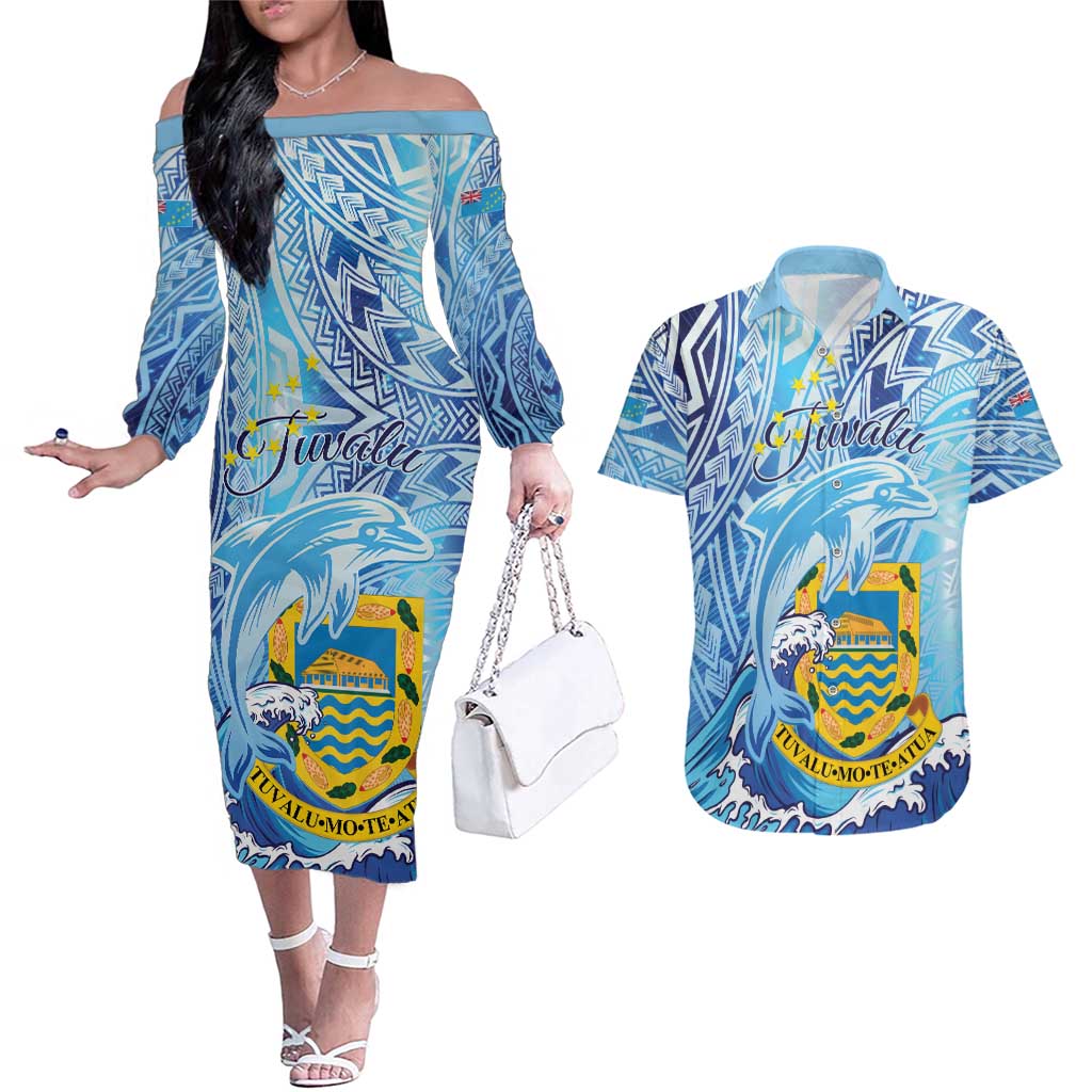 Tuvalu mo te Atua Couples Matching Off The Shoulder Long Sleeve Dress and Hawaiian Shirt Tuvalu Dolphin Polynesian Pattern