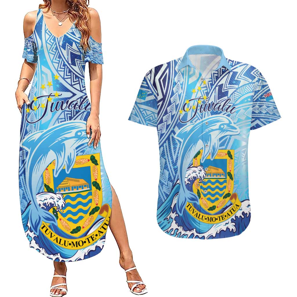 Tuvalu mo te Atua Couples Matching Summer Maxi Dress and Hawaiian Shirt Tuvalu Dolphin Polynesian Pattern