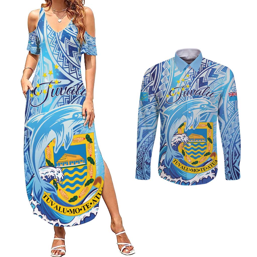 Tuvalu mo te Atua Couples Matching Summer Maxi Dress and Long Sleeve Button Shirt Tuvalu Dolphin Polynesian Pattern