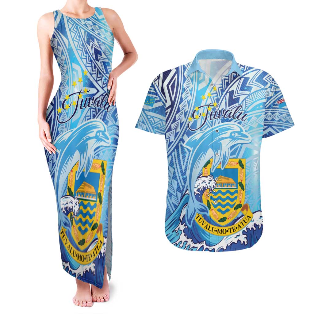 Tuvalu mo te Atua Couples Matching Tank Maxi Dress and Hawaiian Shirt Tuvalu Dolphin Polynesian Pattern