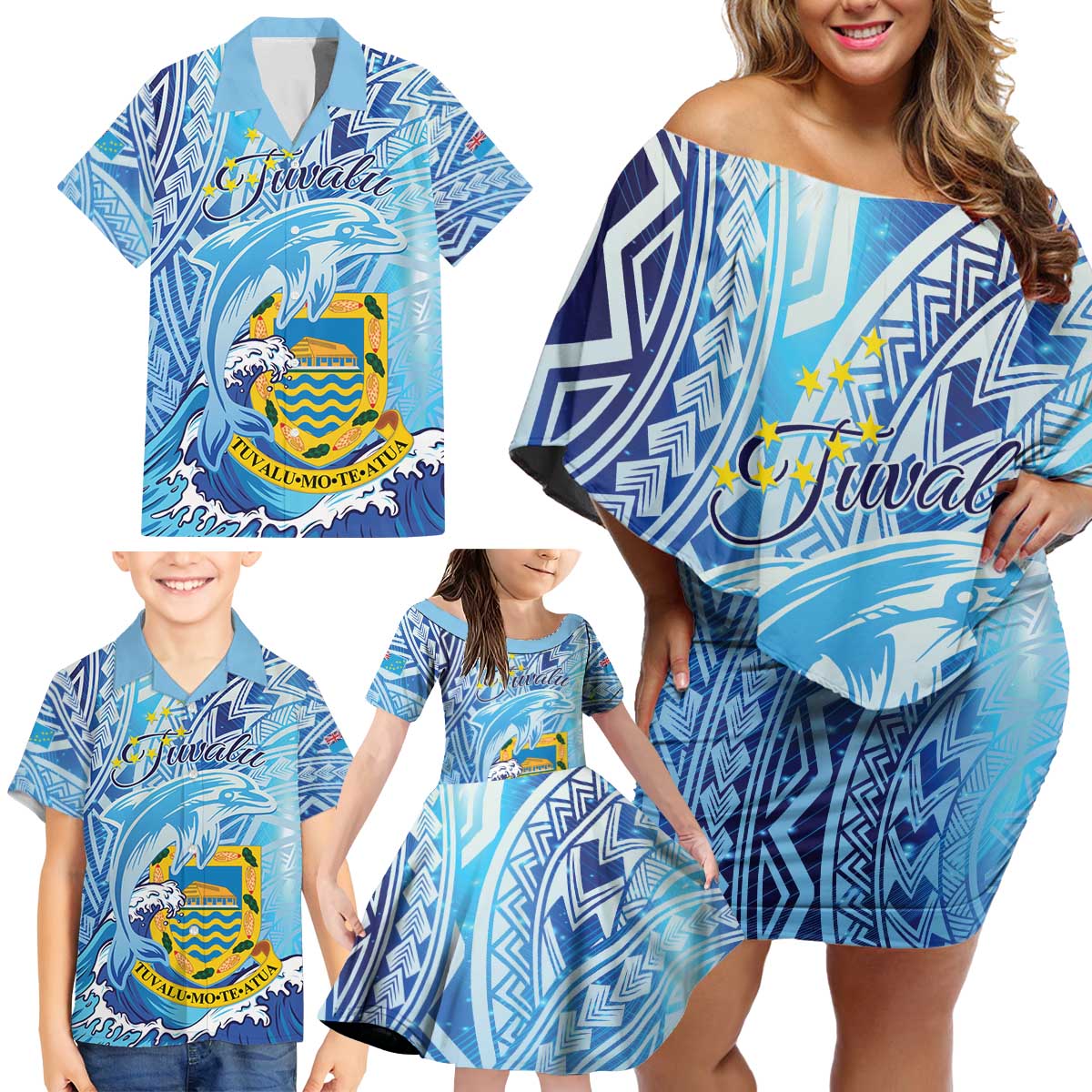 Tuvalu mo te Atua Family Matching Off Shoulder Short Dress and Hawaiian Shirt Tuvalu Dolphin Polynesian Pattern