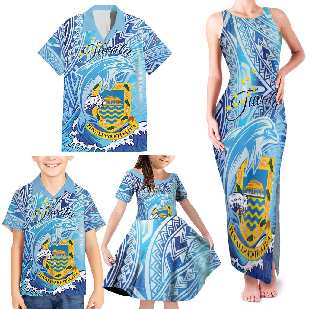 Tuvalu mo te Atua Family Matching Tank Maxi Dress and Hawaiian Shirt Tuvalu Dolphin Polynesian Pattern