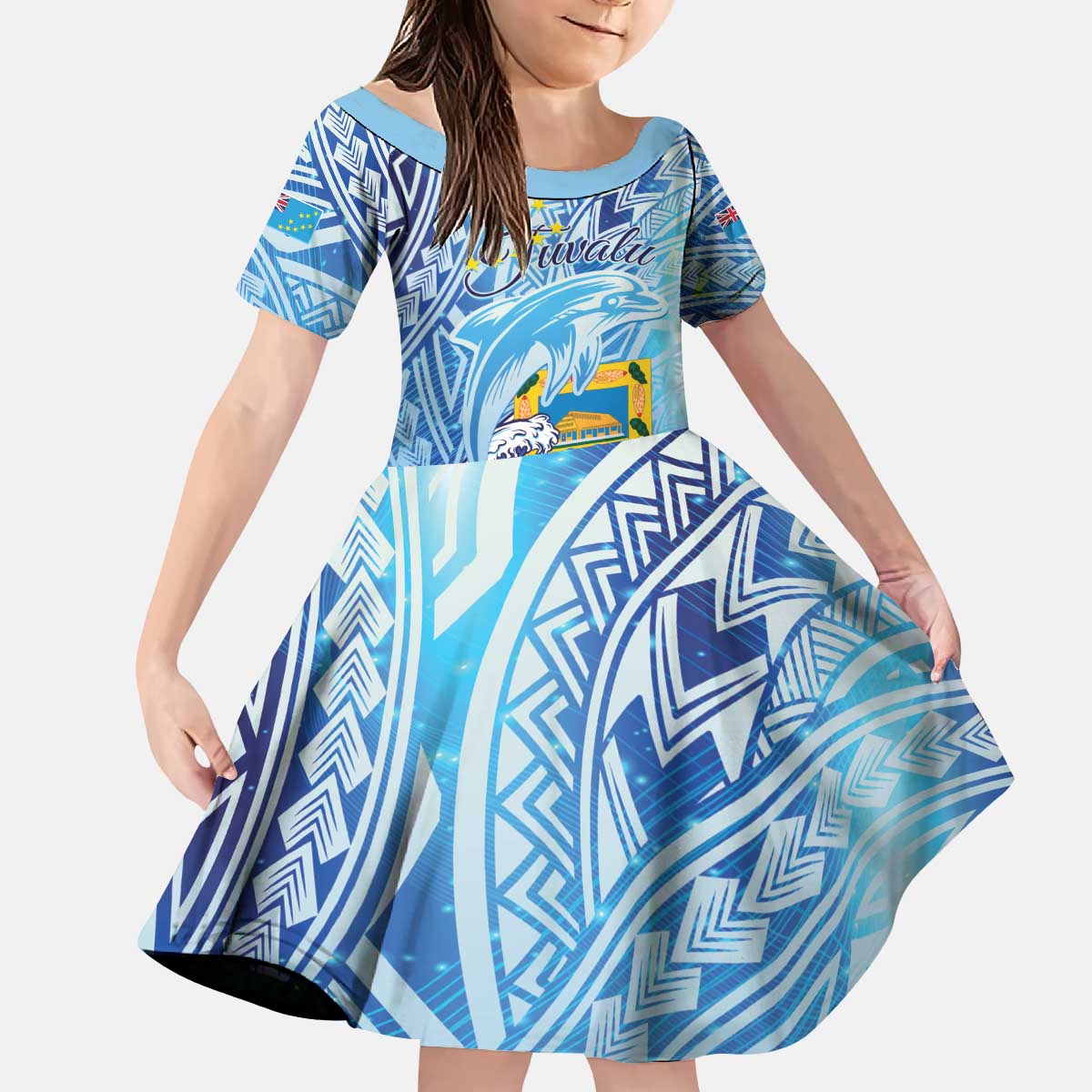 Tuvalu mo te Atua Kid Short Sleeve Dress Tuvalu Dolphin Polynesian Pattern LT01 KID Blue - Polynesian Pride