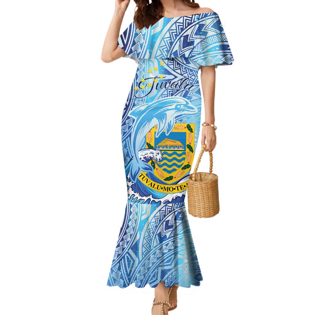 Tuvalu mo te Atua Mermaid Dress Tuvalu Dolphin Polynesian Pattern LT01 Women Blue - Polynesian Pride