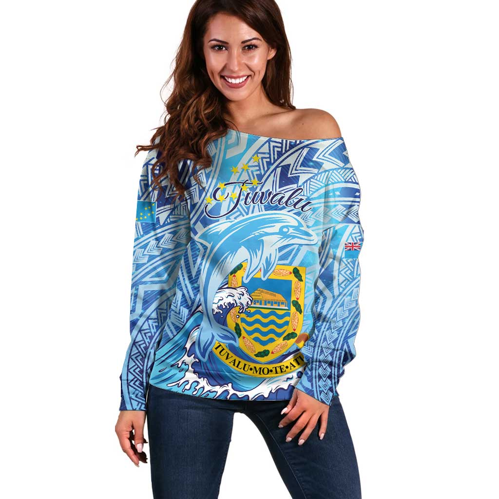 Tuvalu mo te Atua Off Shoulder Sweater Tuvalu Dolphin Polynesian Pattern LT01 Women Blue - Polynesian Pride