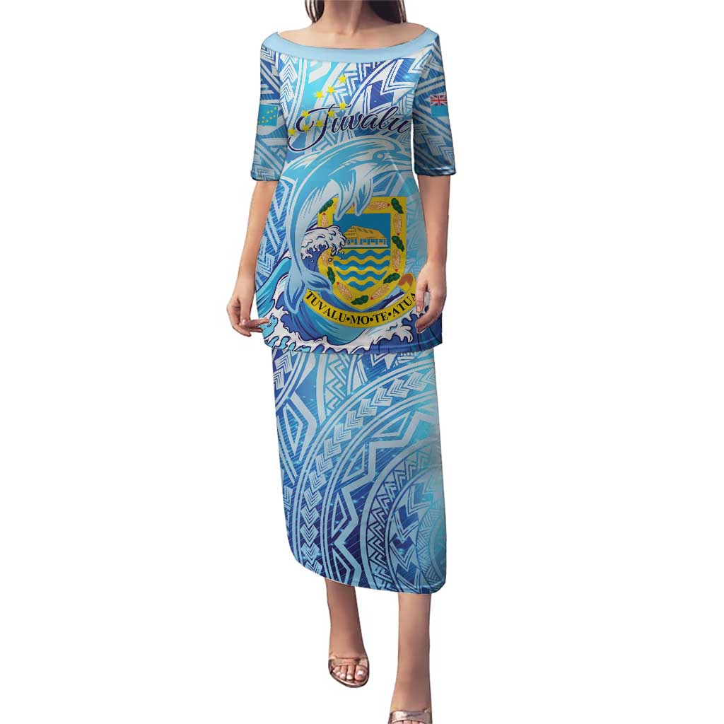Tuvalu mo te Atua Puletasi Tuvalu Dolphin Polynesian Pattern LT01 Long Dress Blue - Polynesian Pride