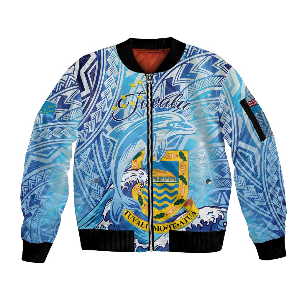 Tuvalu mo te Atua Sleeve Zip Bomber Jacket Tuvalu Dolphin Polynesian Pattern LT01 Unisex Blue - Polynesian Pride