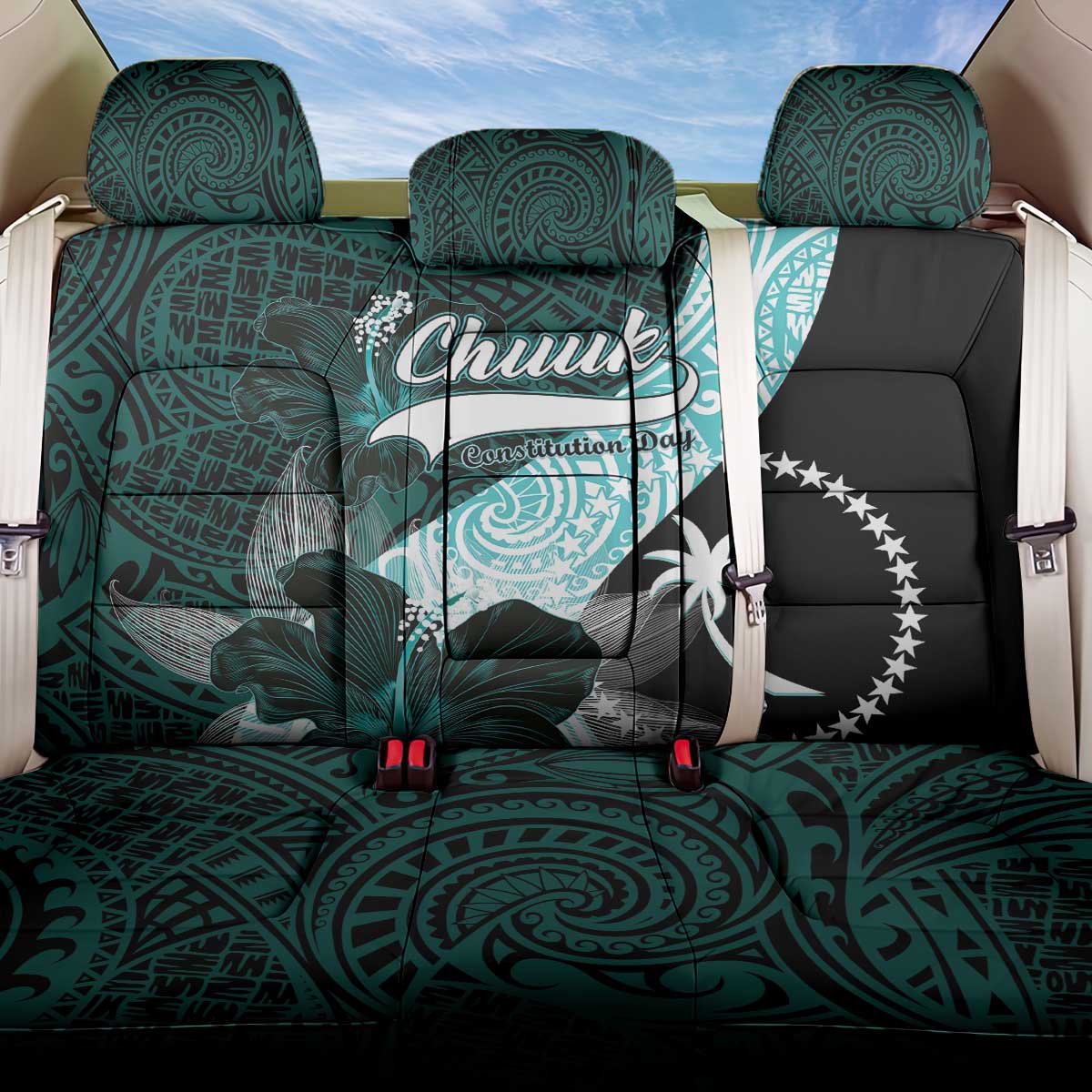 Chuuk Constitution Day Back Car Seat Cover Hibiscus Turquoise Pattern LT01 One Size Turquoise - Polynesian Pride