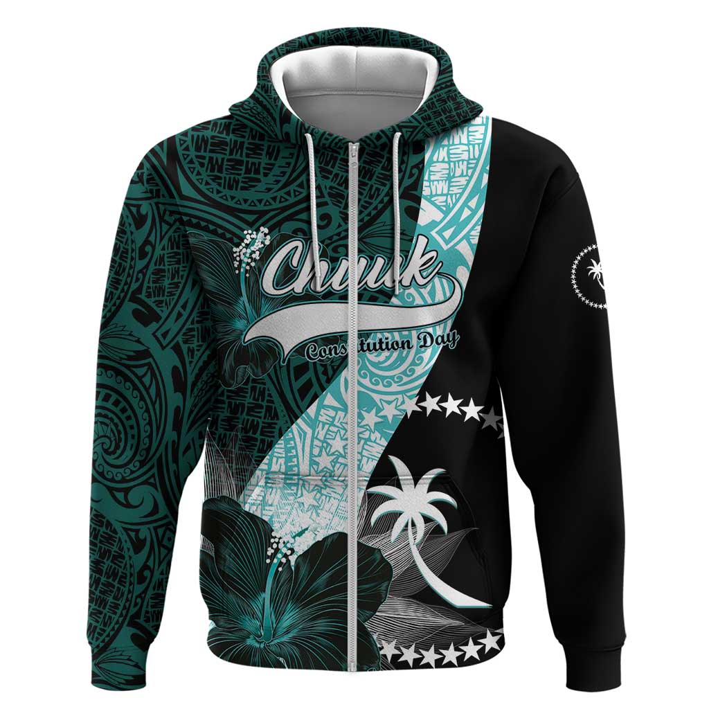 Chuuk Constitution Day Hoodie Hibiscus Turquoise Pattern LT01 Zip Hoodie Turquoise - Polynesian Pride