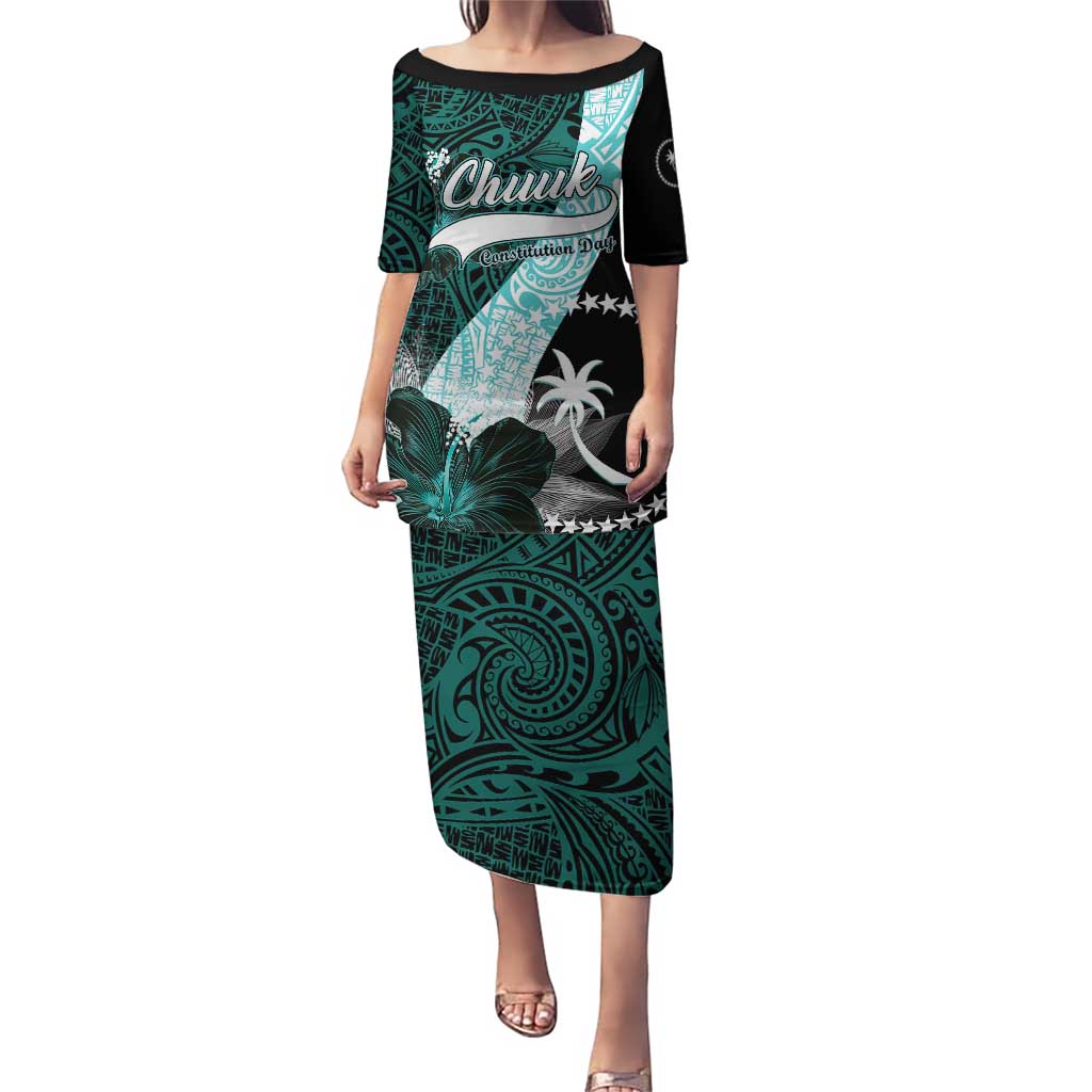 Chuuk Constitution Day Puletasi Hibiscus Turquoise Pattern LT01 Long Dress Turquoise - Polynesian Pride