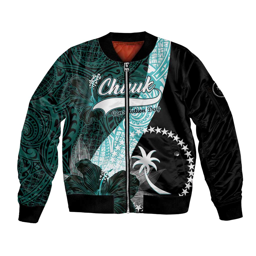 Chuuk Constitution Day Sleeve Zip Bomber Jacket Hibiscus Turquoise Pattern LT01 Unisex Turquoise - Polynesian Pride