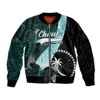 Chuuk Constitution Day Sleeve Zip Bomber Jacket Hibiscus Turquoise Pattern LT01 Unisex Turquoise - Polynesian Pride