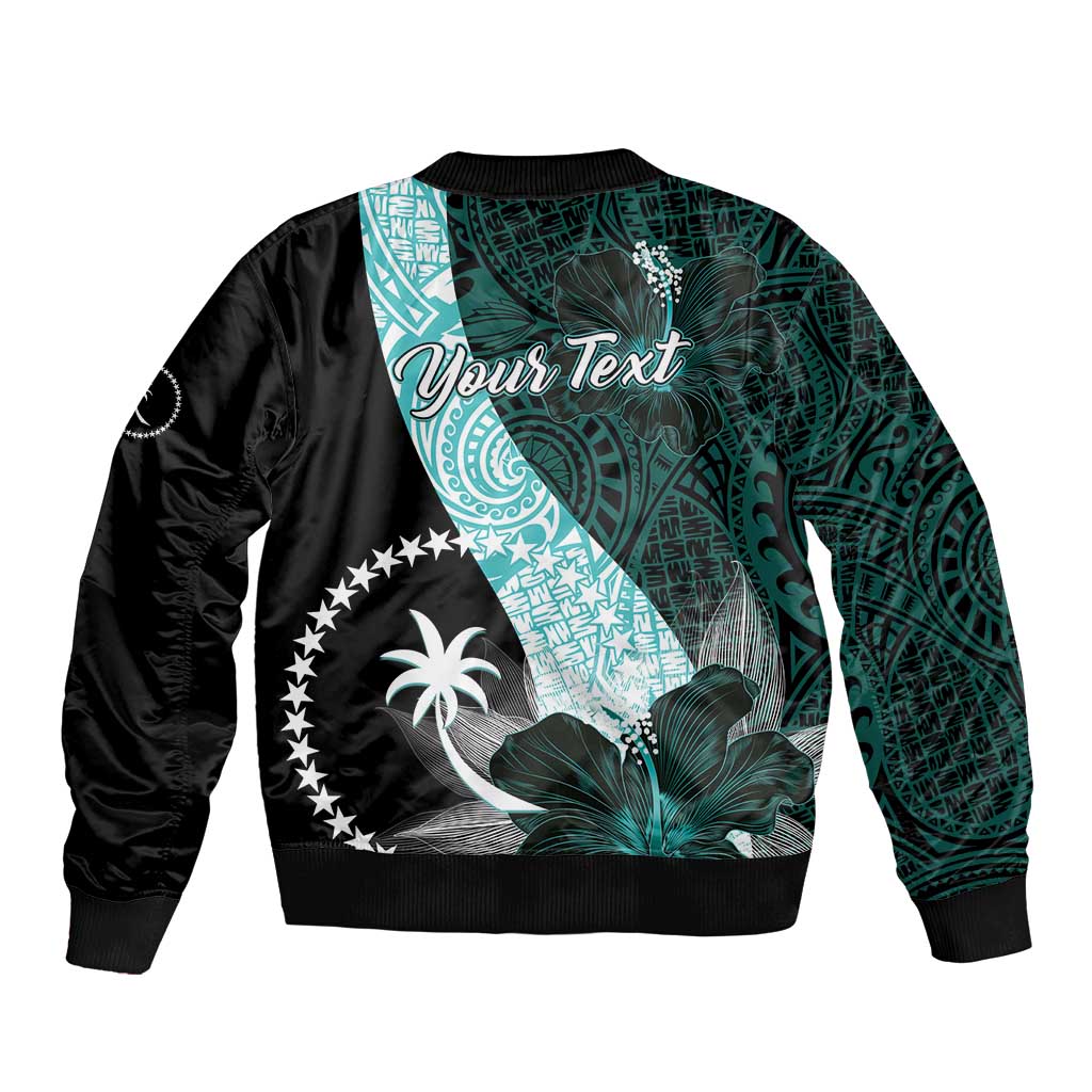 Chuuk Constitution Day Sleeve Zip Bomber Jacket Hibiscus Turquoise Pattern LT01 - Polynesian Pride