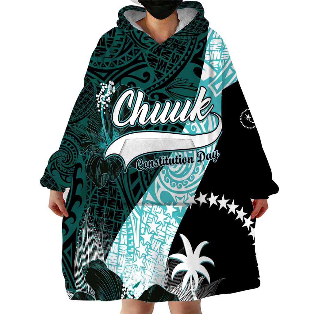 Chuuk Constitution Day Wearable Blanket Hoodie Hibiscus Turquoise Pattern LT01 - Polynesian Pride
