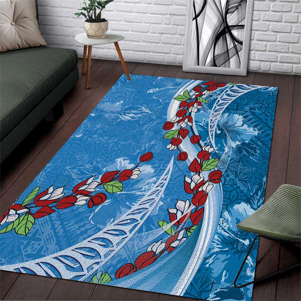 Fiji Tagimaucia Floral Area Rug Tapa Pattern LT01 Blue - Polynesian Pride