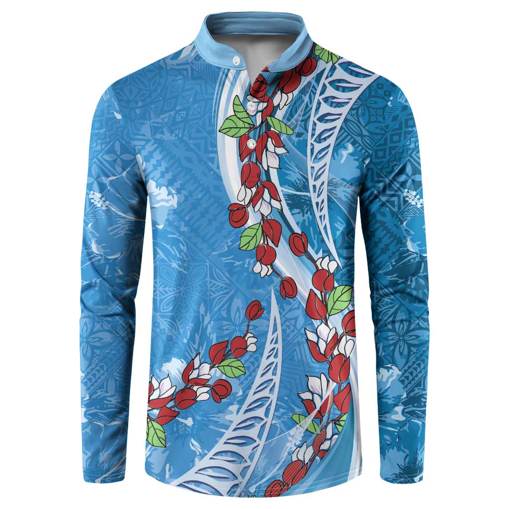 Fiji Tagimaucia Floral Button Sweatshirt Tapa Pattern LT01 Blue - Polynesian Pride
