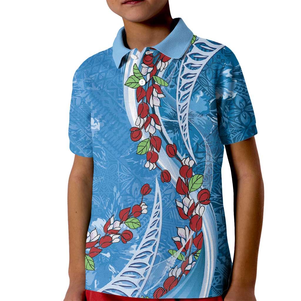 Fiji Tagimaucia Floral Kid Polo Shirt Tapa Pattern LT01 Kid Blue - Polynesian Pride