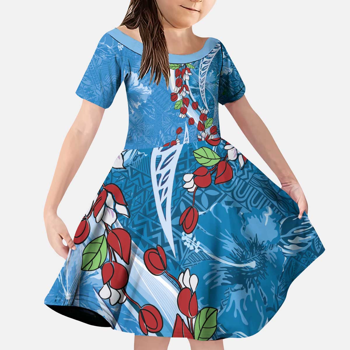 Fiji Tagimaucia Floral Kid Short Sleeve Dress Tapa Pattern LT01 KID Blue - Polynesian Pride