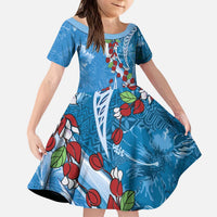 Fiji Tagimaucia Floral Kid Short Sleeve Dress Tapa Pattern LT01 KID Blue - Polynesian Pride