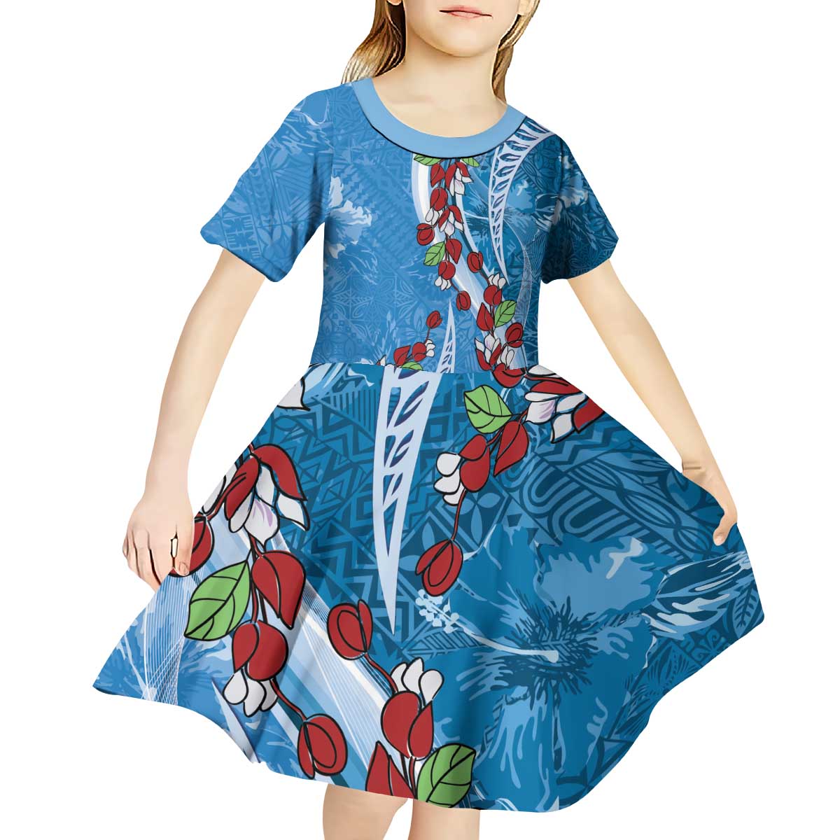 Fiji Tagimaucia Floral Kid Short Sleeve Dress Tapa Pattern LT01 - Polynesian Pride