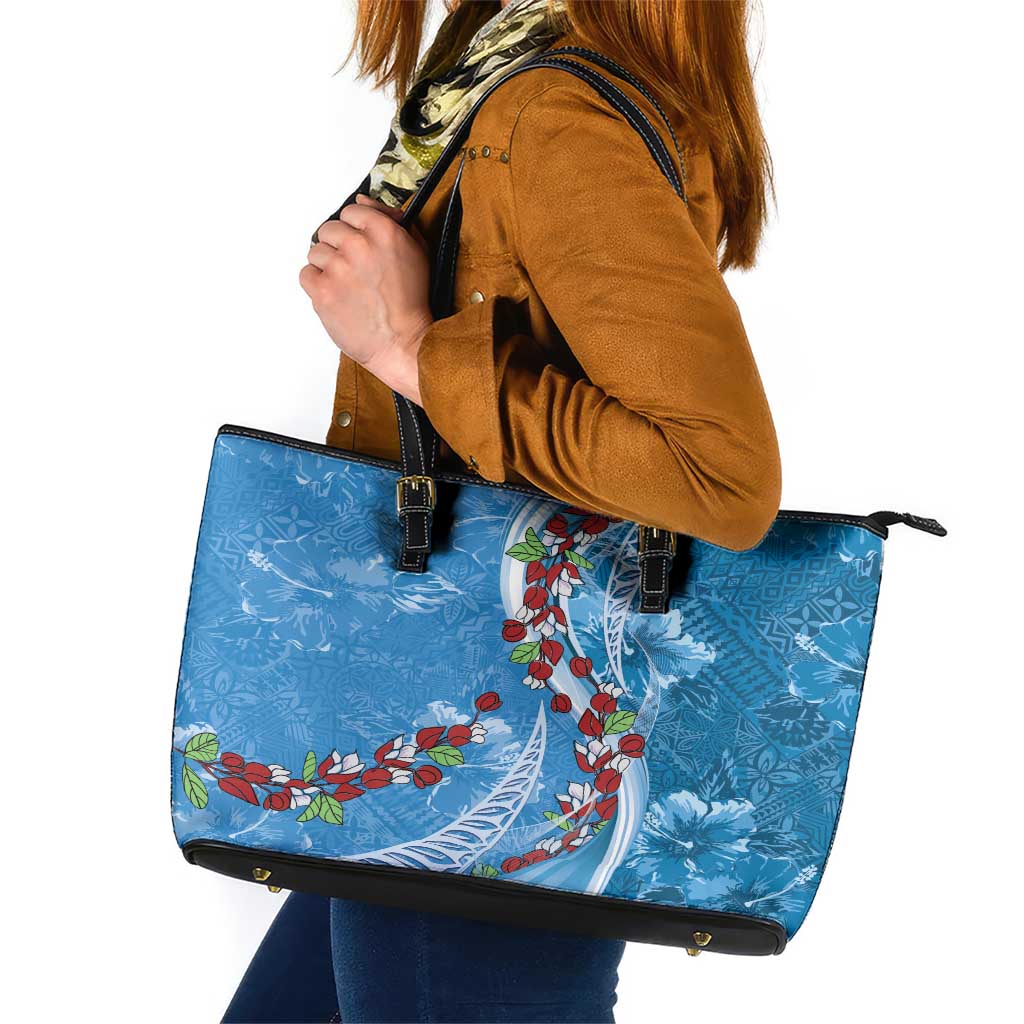 Fiji Tagimaucia Floral Leather Tote Bag Tapa Pattern LT01 Blue - Polynesian Pride