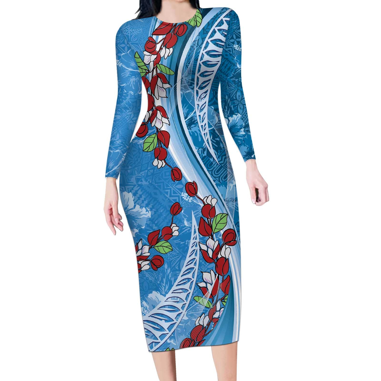 Fiji Tagimaucia Floral Long Sleeve Bodycon Dress Tapa Pattern LT01 Long Dress Blue - Polynesian Pride