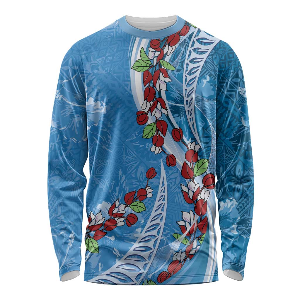 Fiji Tagimaucia Floral Long Sleeve Shirt Tapa Pattern LT01 Unisex Blue - Polynesian Pride