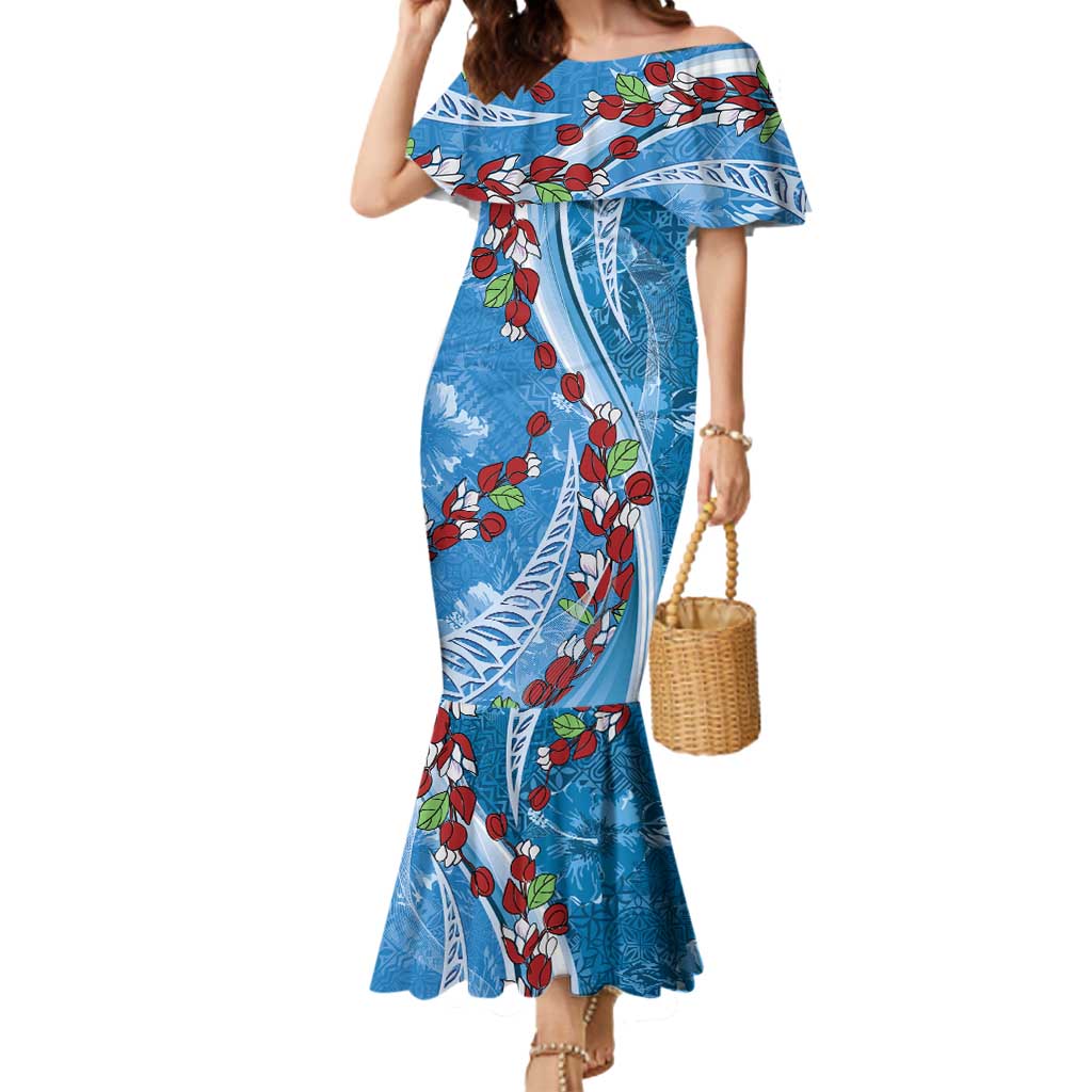 Fiji Tagimaucia Floral Mermaid Dress Tapa Pattern LT01 Women Blue - Polynesian Pride