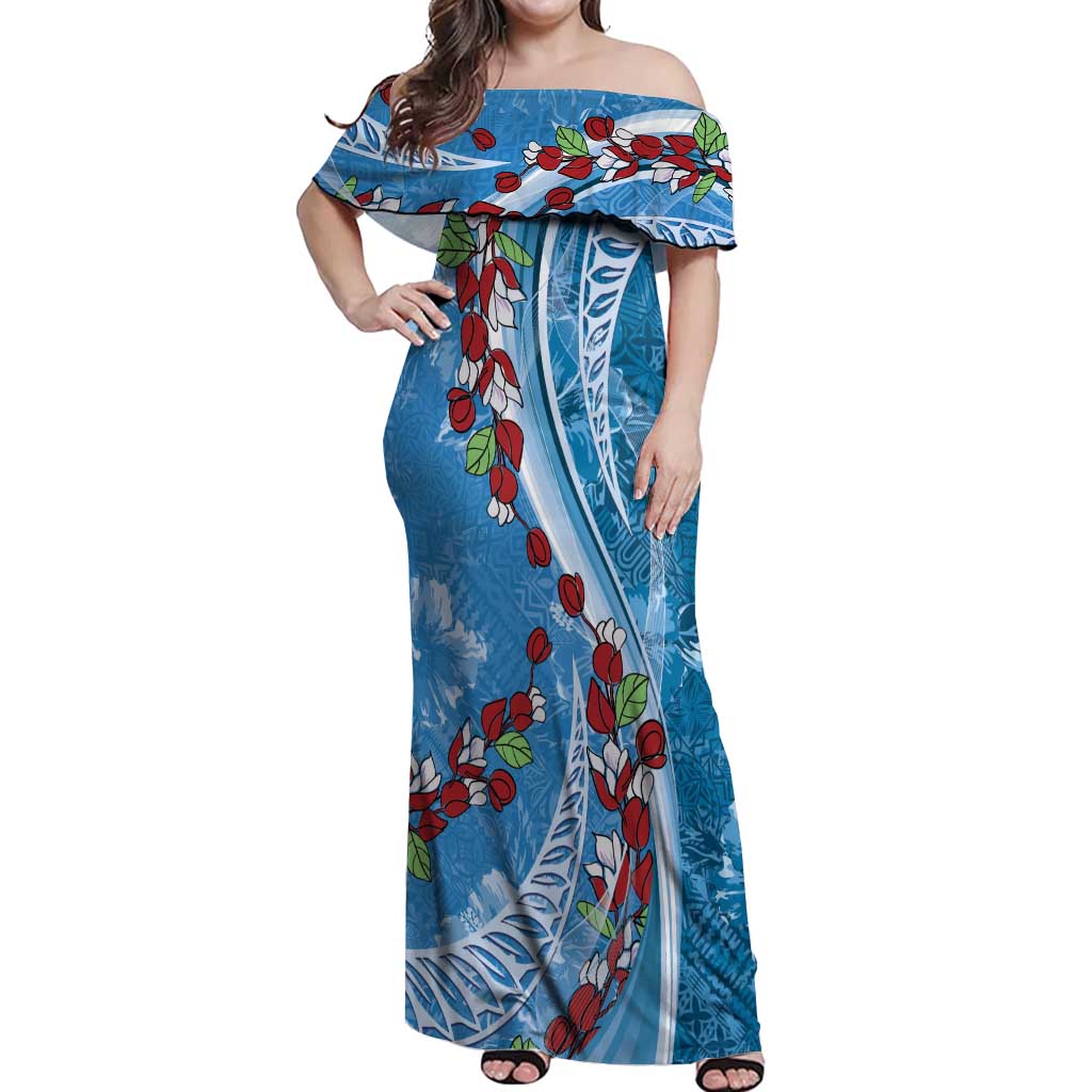 Fiji Tagimaucia Floral Off Shoulder Maxi Dress Tapa Pattern LT01 Women Blue - Polynesian Pride
