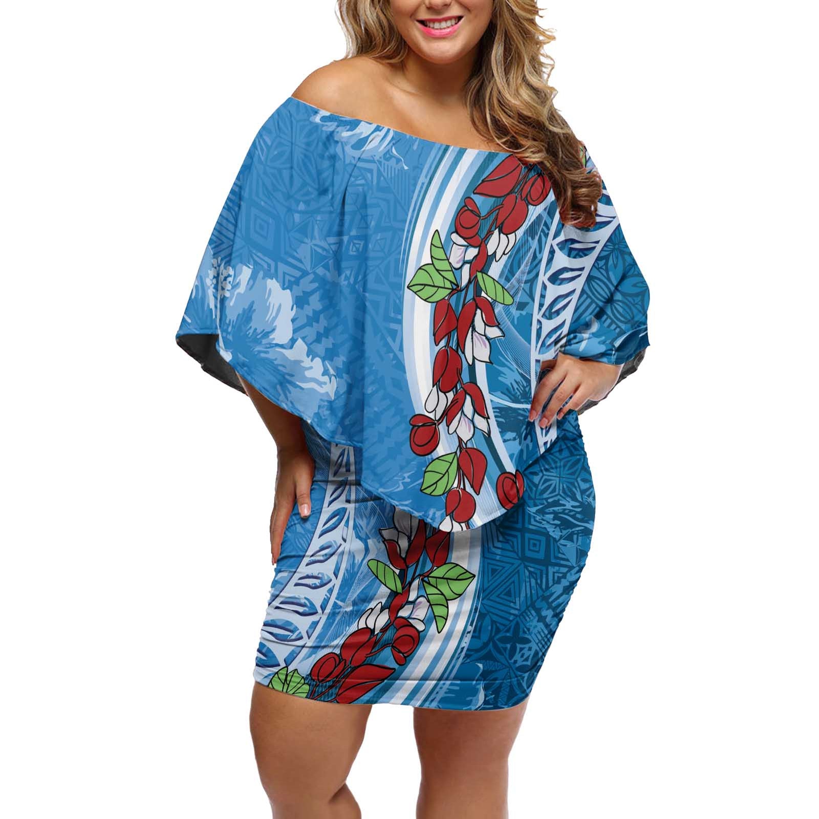 Fiji Tagimaucia Floral Off Shoulder Short Dress Tapa Pattern LT01 Women Blue - Polynesian Pride