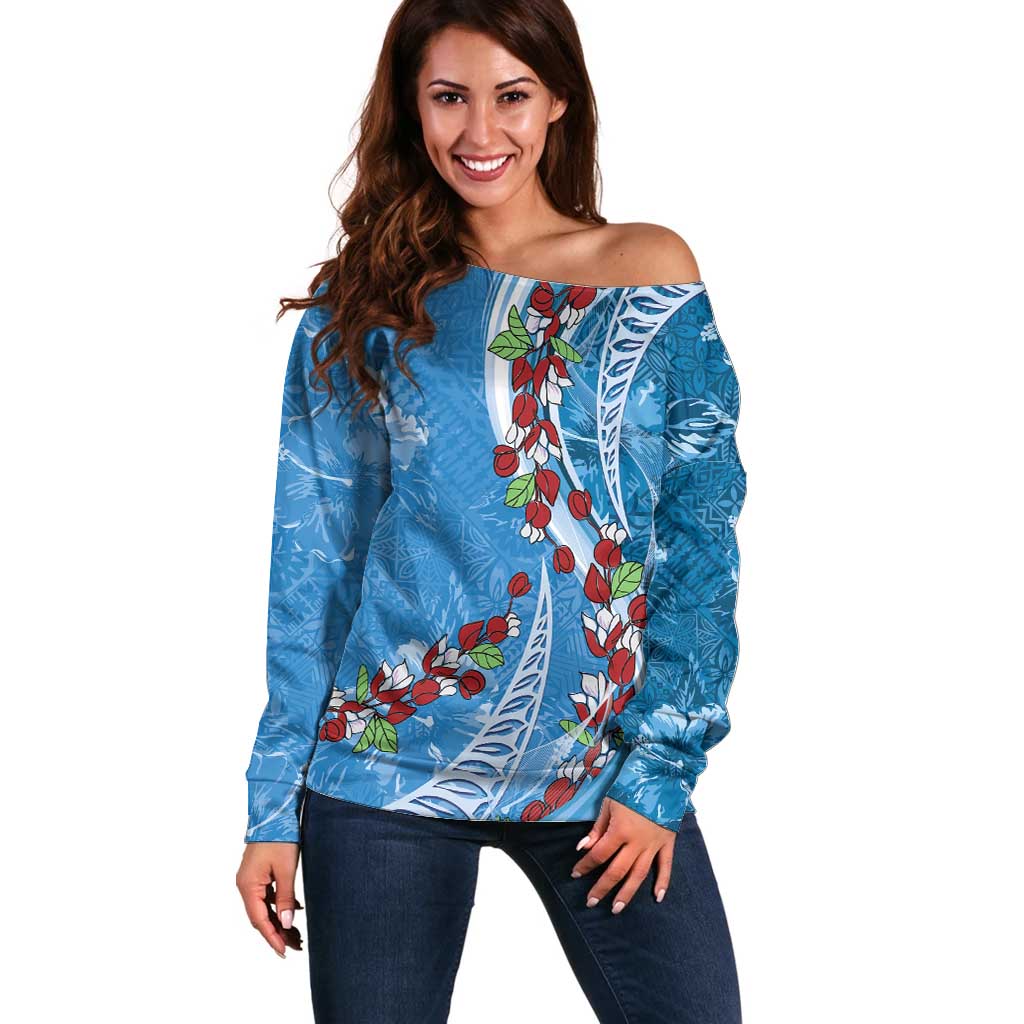 Fiji Tagimaucia Floral Off Shoulder Sweater Tapa Pattern LT01 Women Blue - Polynesian Pride