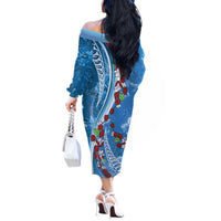 Fiji Tagimaucia Floral Off The Shoulder Long Sleeve Dress Tapa Pattern LT01 - Polynesian Pride