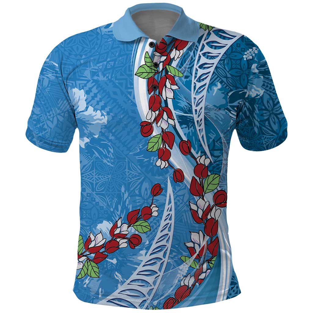 Fiji Tagimaucia Floral Polo Shirt Tapa Pattern LT01 Blue - Polynesian Pride