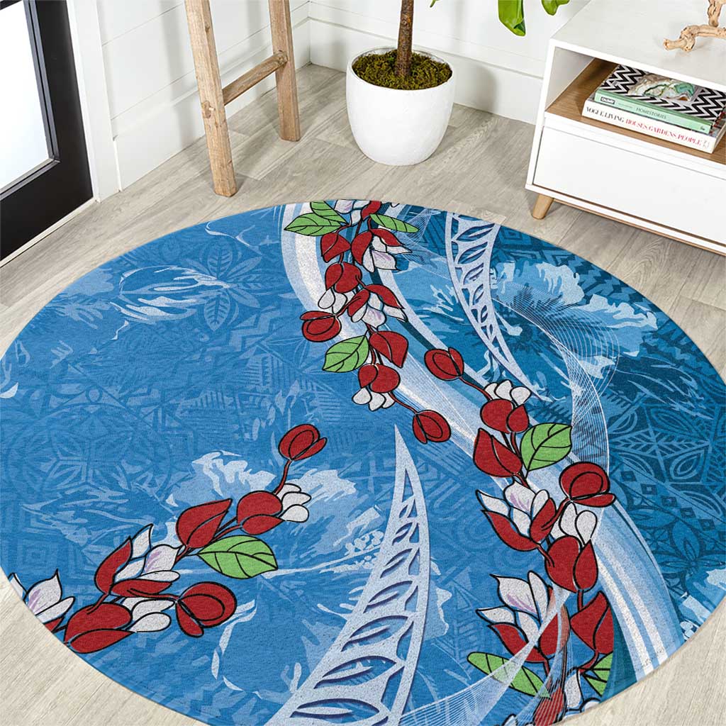 Fiji Tagimaucia Floral Round Carpet Tapa Pattern LT01 Blue - Polynesian Pride