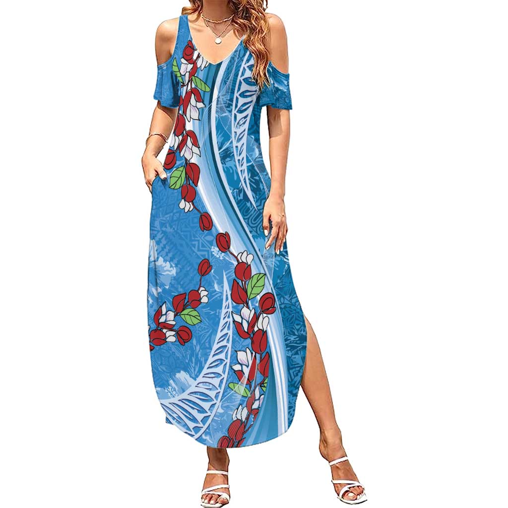 Fiji Tagimaucia Floral Summer Maxi Dress Tapa Pattern LT01 Women Blue - Polynesian Pride