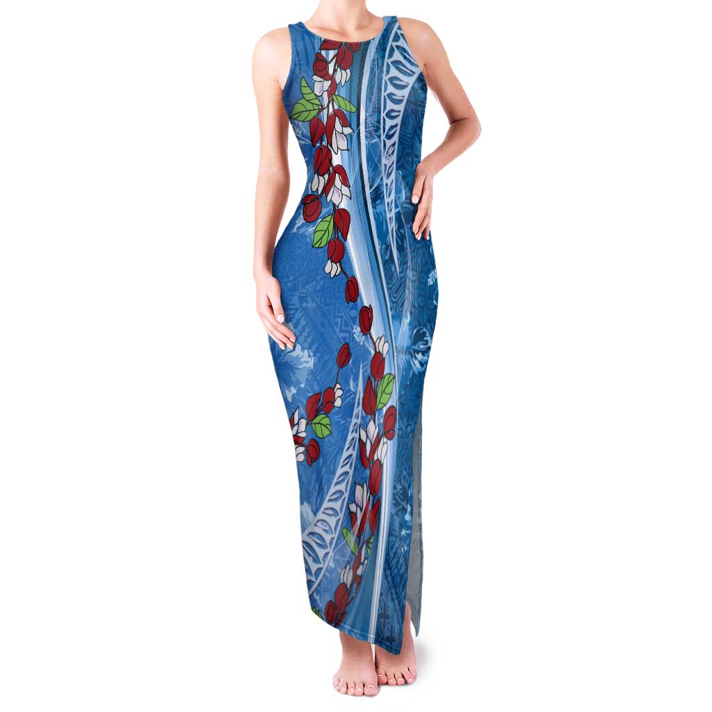 Fiji Tagimaucia Floral Tank Maxi Dress Tapa Pattern LT01 Women Blue - Polynesian Pride