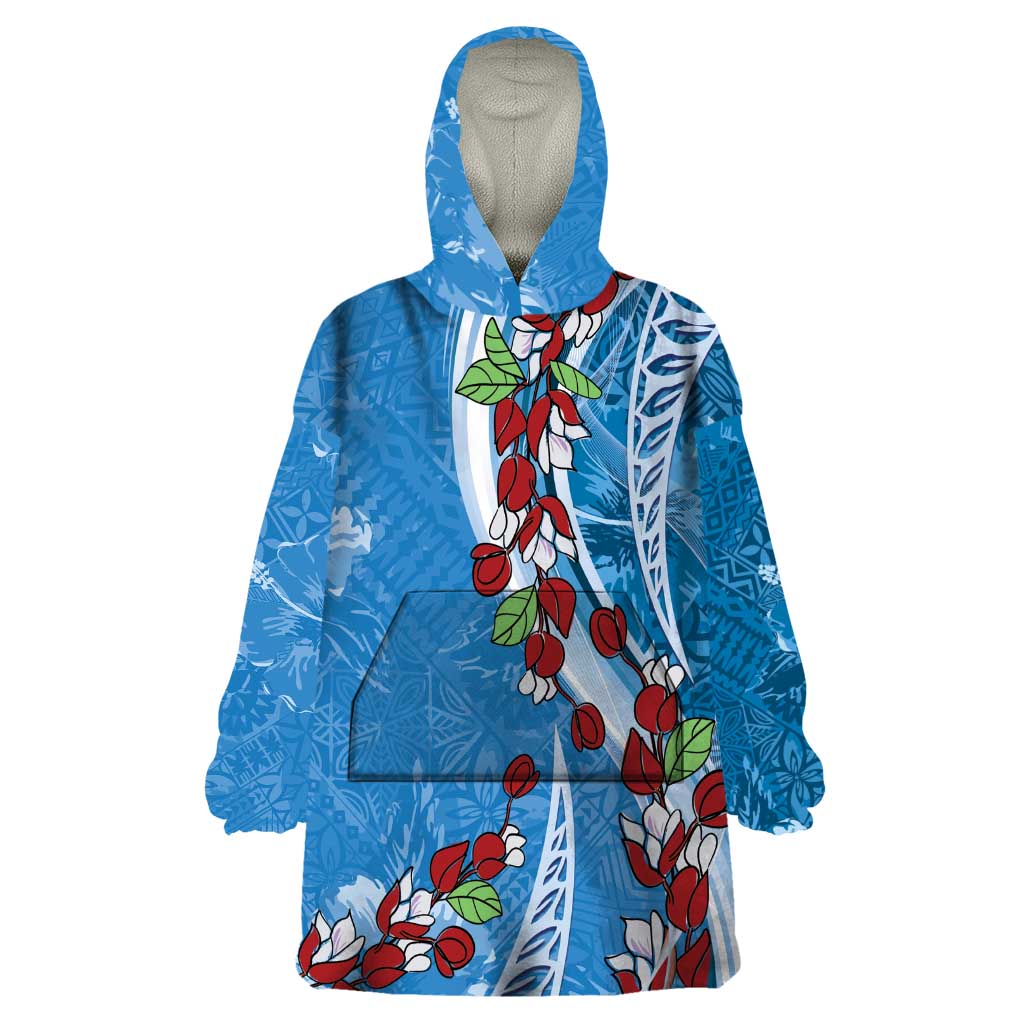 Fiji Tagimaucia Floral Wearable Blanket Hoodie Tapa Pattern LT01 One Size Blue - Polynesian Pride