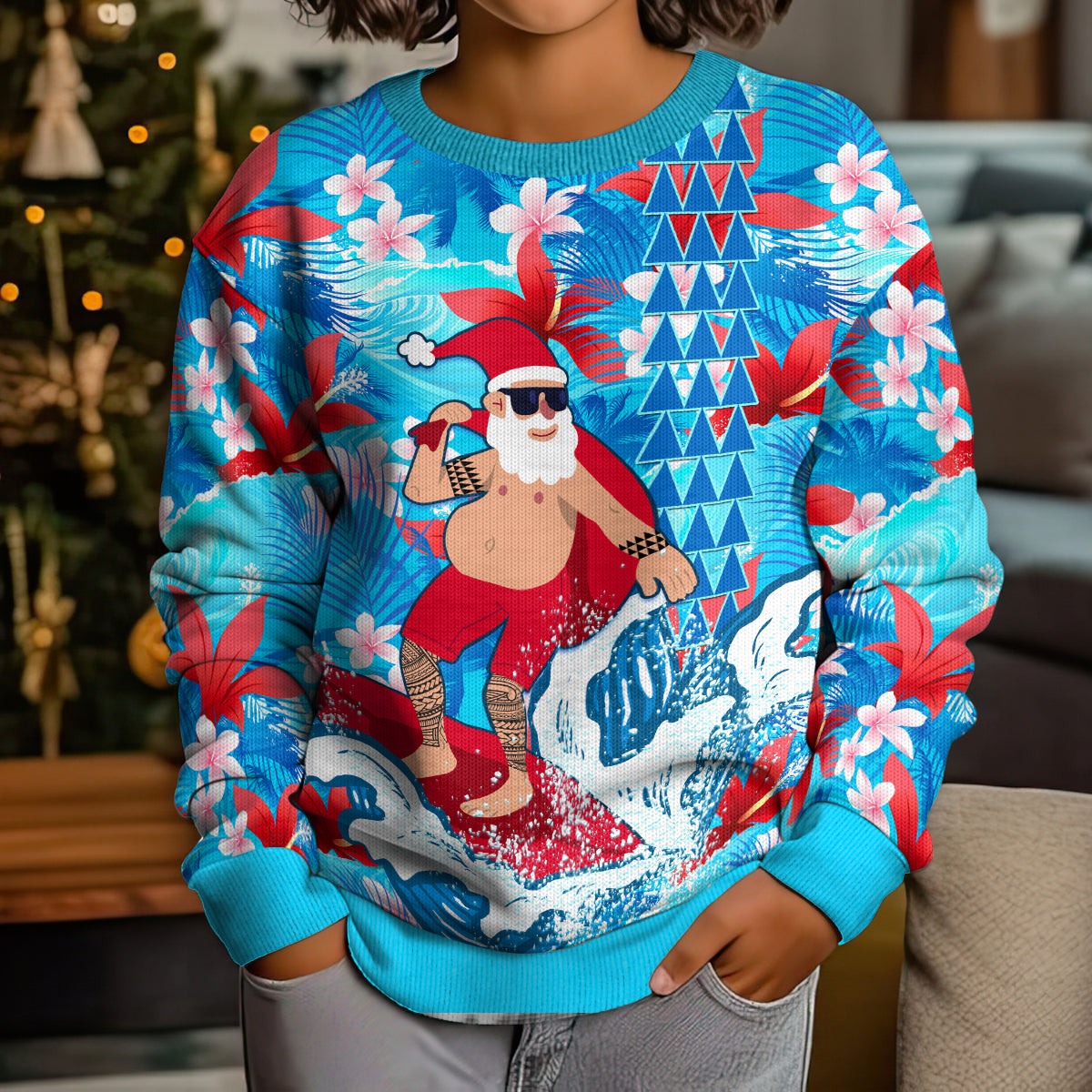 Hawaii Christmas Kid Ugly Christmas Sweater Santa Claus Surfing Kakau Tropical Style LT01 - Polynesian Pride
