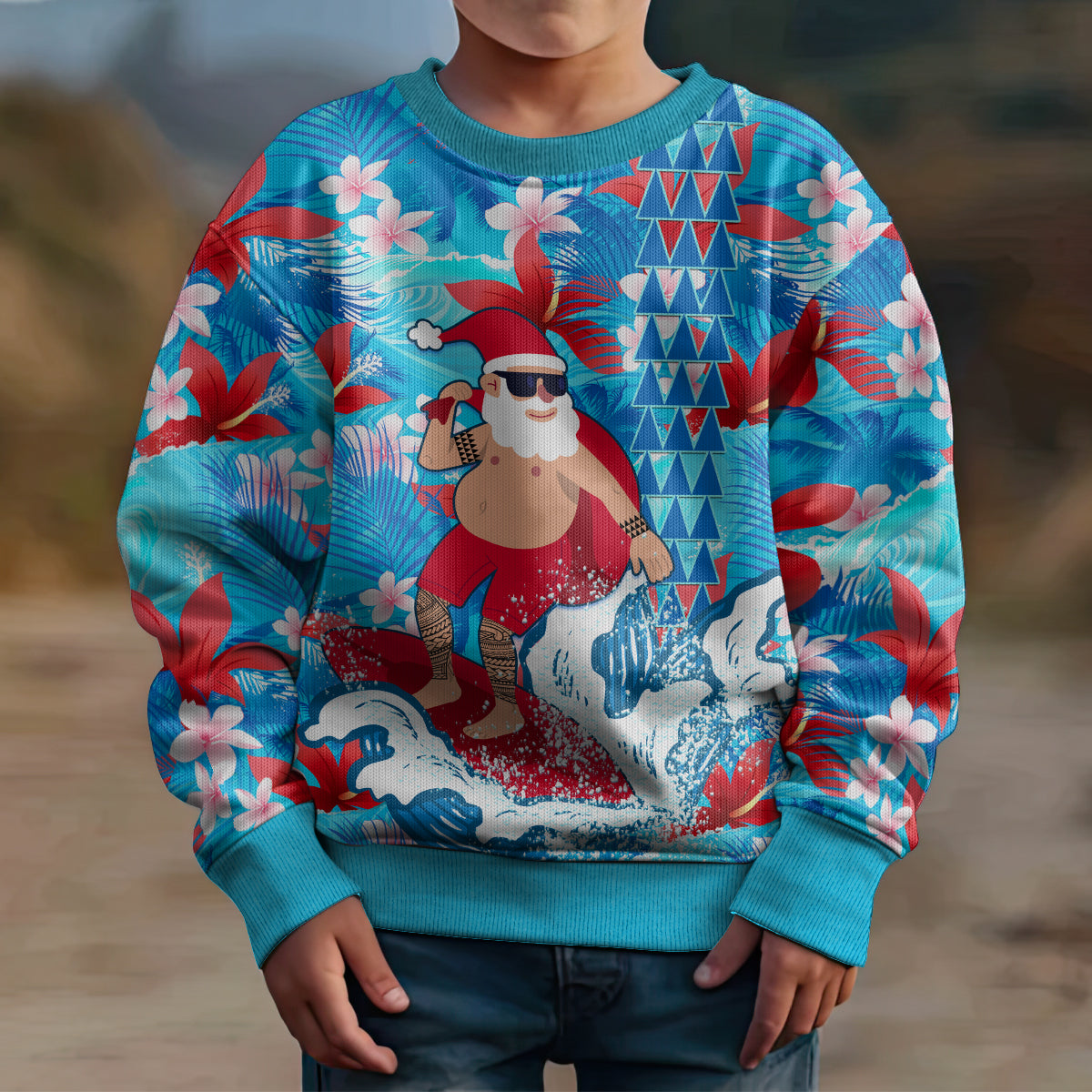 Hawaii Christmas Kid Ugly Christmas Sweater Santa Claus Surfing Kakau Tropical Style LT01 - Polynesian Pride